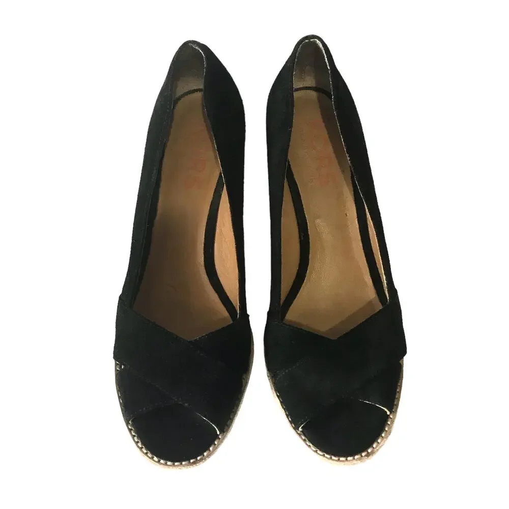 KORS Michael Kors Black Suede Wedge Open Toe Bleeker Sandal Espadrilles 11